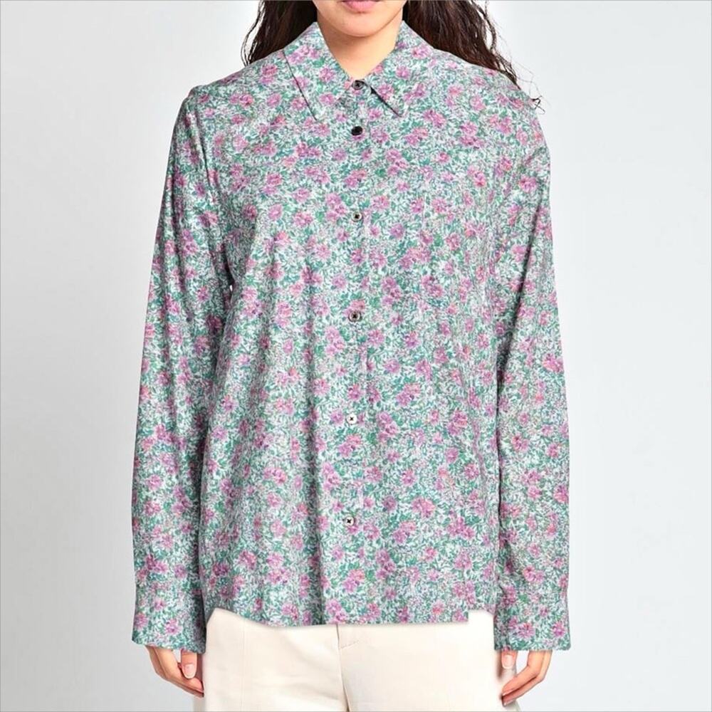 6397 "Clean Uniform" Floral Button-Up Top Size XS 100% Cotton Mauve Green White